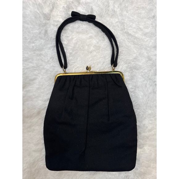 Vintage 1940s Ingber Black Fabric Evening Bag w/ Bow Handle & Gold Frame - Picture 11 of 16
